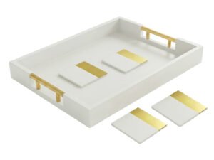 White Serving Tray Set with 4 Matching Coasters