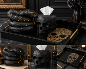 Dark Chic Collection: Black Skull Tissue Cover, Skull Serving Tray & Snake Signature Piece