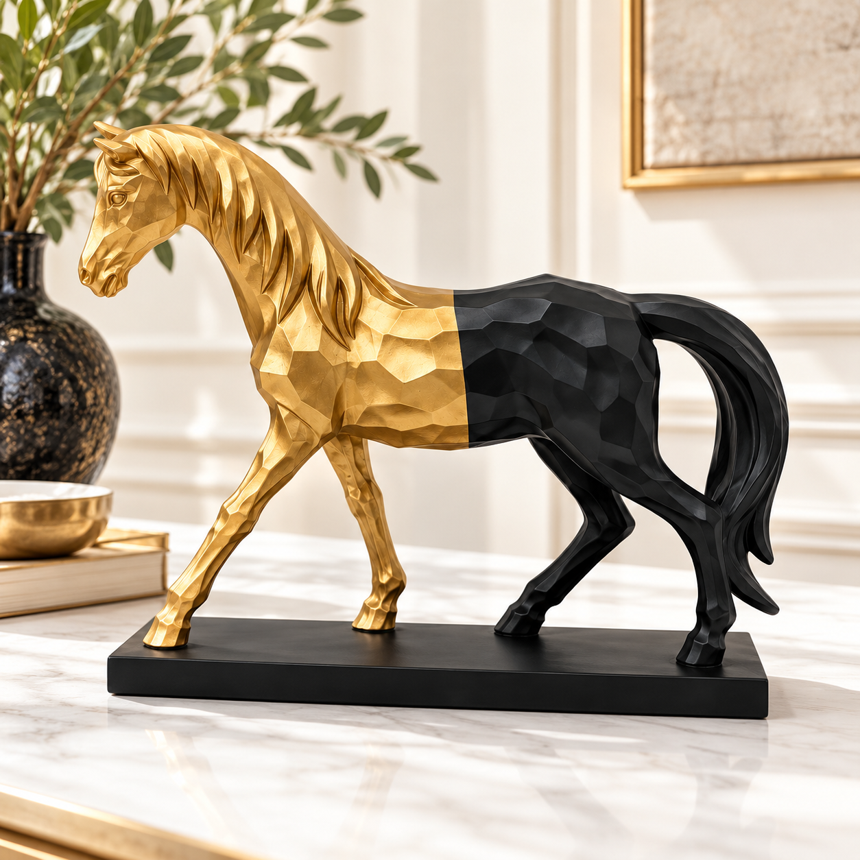 Golden and Black Faceted Horse Sculpture Golden Stride – Geometric Horse Sculpture - Image 1